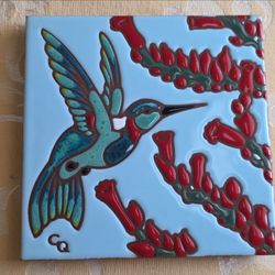 Carly Quinn Designs Hummingbird Tile Hand Glazed Tucson AZ Southwest Art 6”