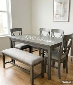✅️✅️(6 pc  Grey finish wood dining table set grey padded seat chairs and bench✅️✅️✅️