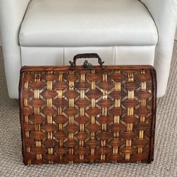 18” Woven Brass and Rattan Decorative Storage Basket Case 
