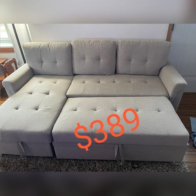 84"W Light Gray Linen Reversible Sleeper Sectional Sofa with Storage Chaise