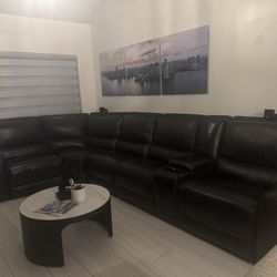 Leather Sectional With 3 Recliners WIDE Chairs, Reclining Headrest And Recharging Plate For Cellphones! 