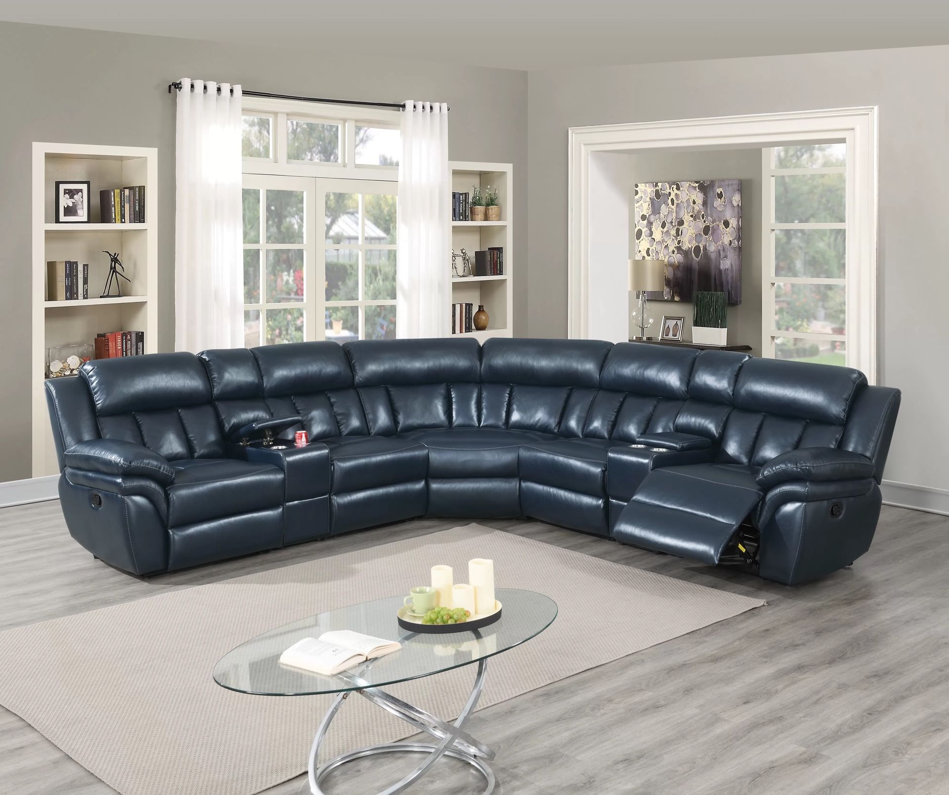 Blue Leather Sectional Sofa With Reclining Seats