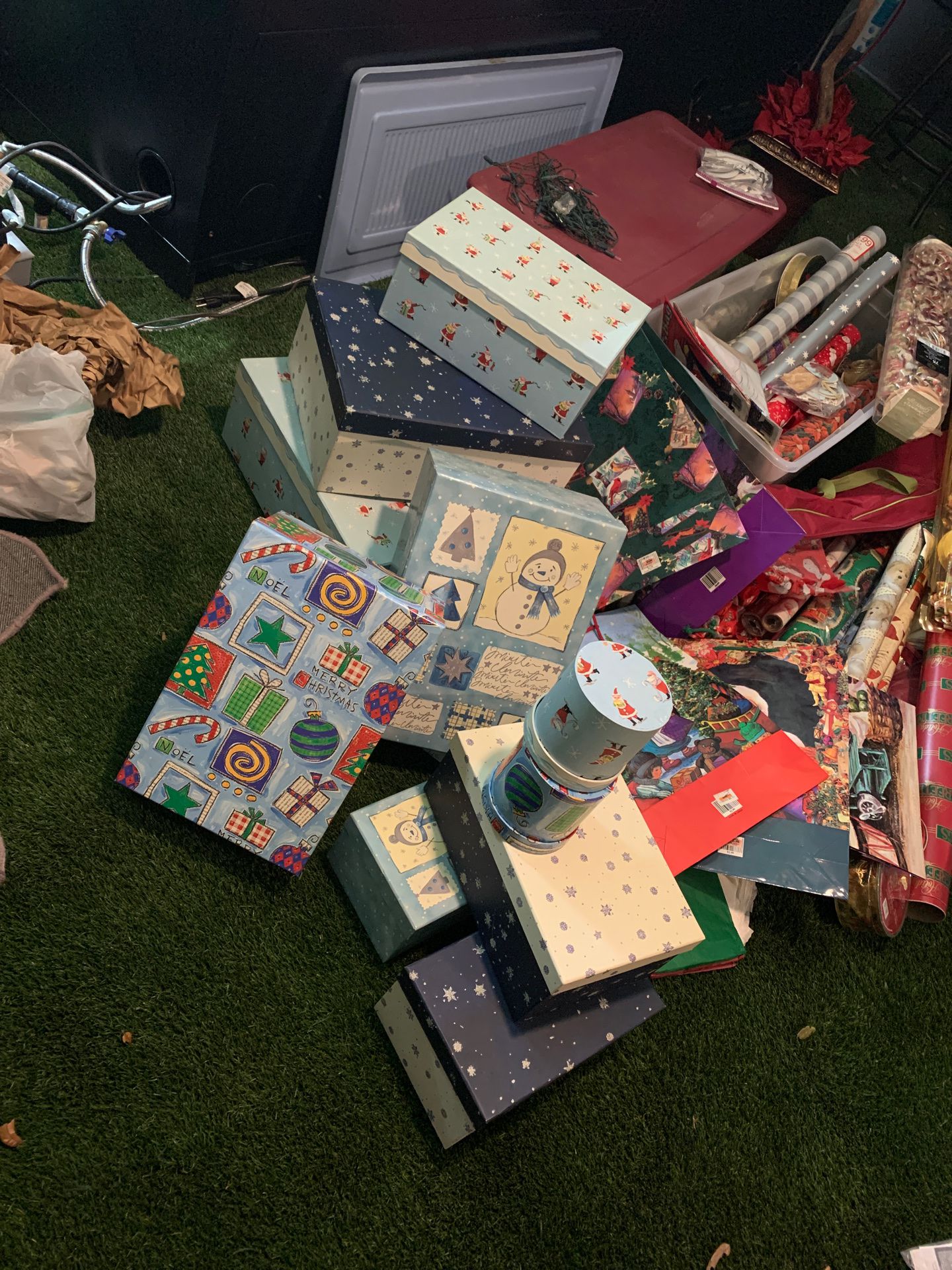 Christmas boxes, wrapping paper, Presents bows ,hard Christmas boxes ext .