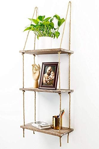 🍀 BRAND NEW 3 Tier Distressed Wood Jute Rope Floating Shelves Rustic Home Wall Decor 3.3 Lbs