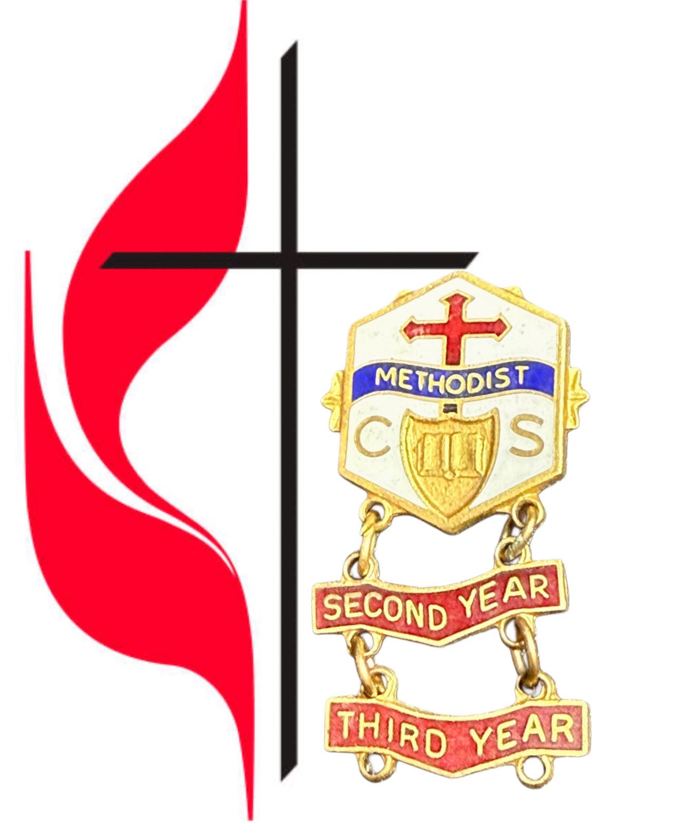 Vintage 1940s Methodist C.S. Service Award Pin Second & Third Year, 1.5x0.5”