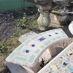 Concrete Mosaic Tile Inlay Curved Benches / Cement Garden Patio Bench / Outdoor Patio Furniture