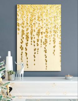Elegant Acrylic Painting with Gold Leaf – Golden Leaves on White Canvas