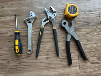 Assorted Tools: Stanley Pliers, Wrench, Screwdriver, Hole Punch