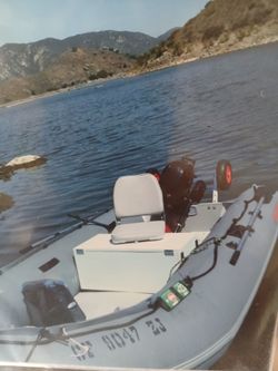 13ft Inflatable Dinghy Boat with Tohatsu 6hp outboard motor. With wheels and Bimini Top