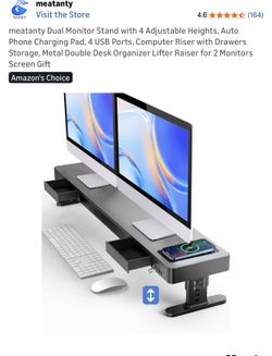 meatanty Dual Monitor Stand with 4 Adjustable Heights, Auto Phone Charging Pad, 4 USB Ports, Computer Riser with Drawers Storage, Metal Double Desk Or