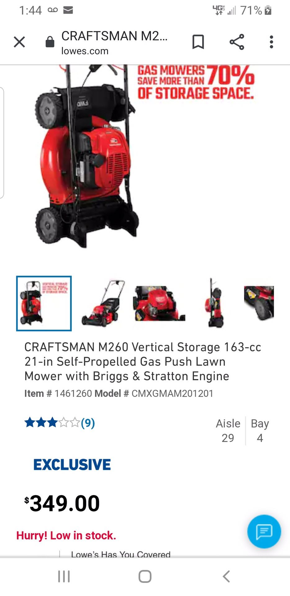 CRAFTSMAN M260 Vertical Storage 163cc 21in SelfPropelled Gas Push