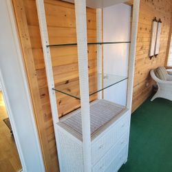 7 Foot Tall White Wicker Cabint With Glass Shelves