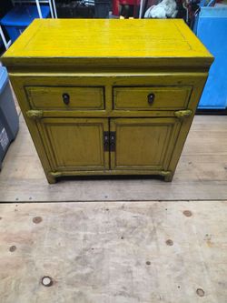 Yellow Distressed Wood Cabinet with Drawers