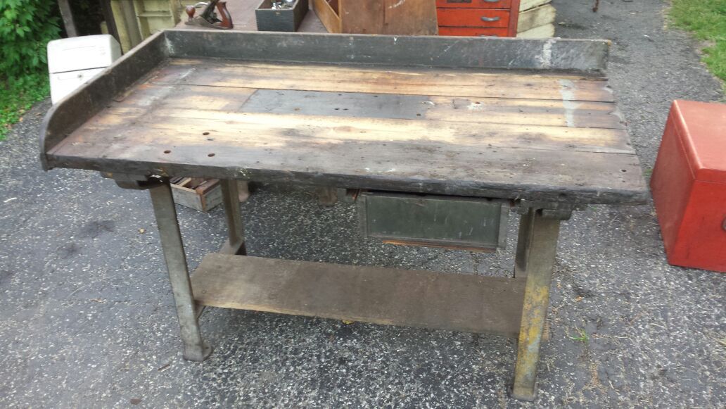 Antique wood work table cast iron legs