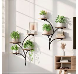 2 Pack Wall Mounted Plant Holder, 8-Tier Wall Planters for Indoor Plants Metal and Wood Wall Planters, Easy To Assembly, Tree Style, For Display Plant
