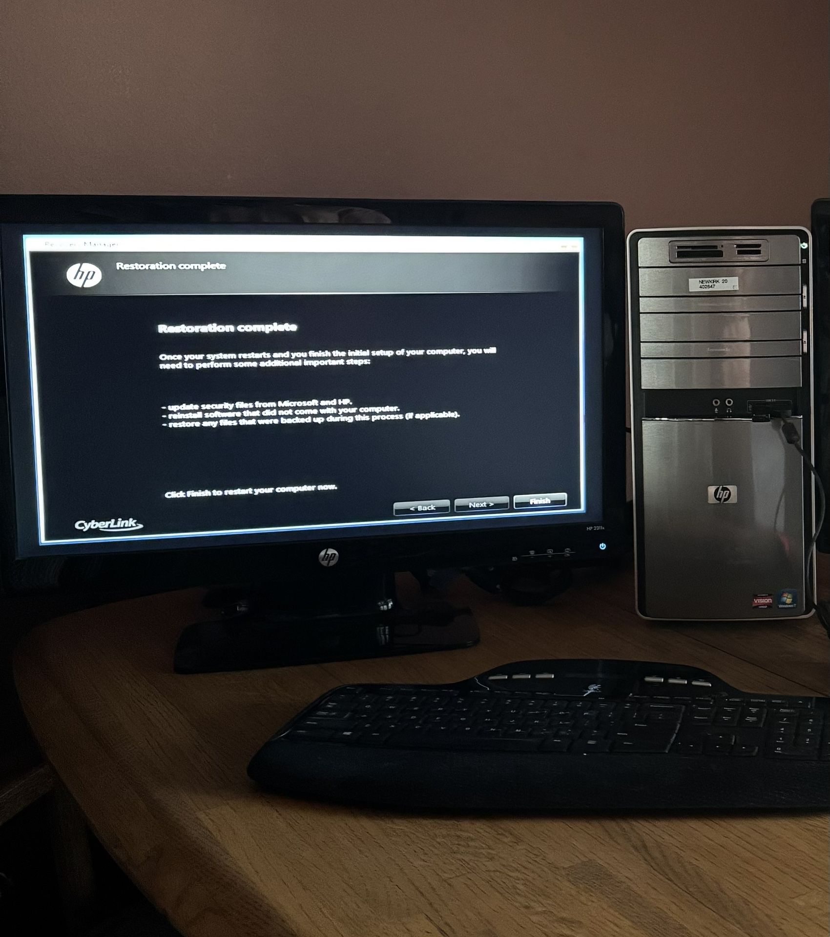 HP Pavilion 8 Gb Ram, 1.5 Tb Hard Drive, DVD Burner, One 23” LED Monitor, Wireless Keyboard, Windotw 7 Edition, Great for browsing