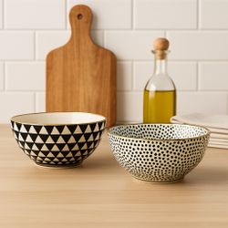 Thyme & Table 2020s Set Of 2 Black & White Stoneware Soup Cereal Bowls, 6x3”