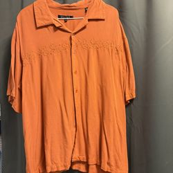 SYNRGY Orange Floral Woven Embroidered Short Sleeve Button-Up Shirt Men's XL