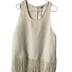 New Zara Fringed Textured Weave Cream Top XL With Tags