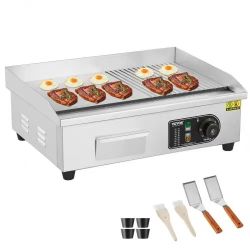 497#Commercial Electric Griddle, 1600W Countertop Half-Flat Top Grill, 122℉-572℉ Adjustable Temp, 21.26x11.81x0.39in Stainless Steel Griddle Grill wit