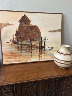 Vintage “Umber Boat House” Painting by Frederick KenKnight