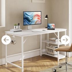 Computer Home Office Desk with 2 Drawers, 55 Inch Small White Desk Study Writing Table, Modern Simple PC Desk, White