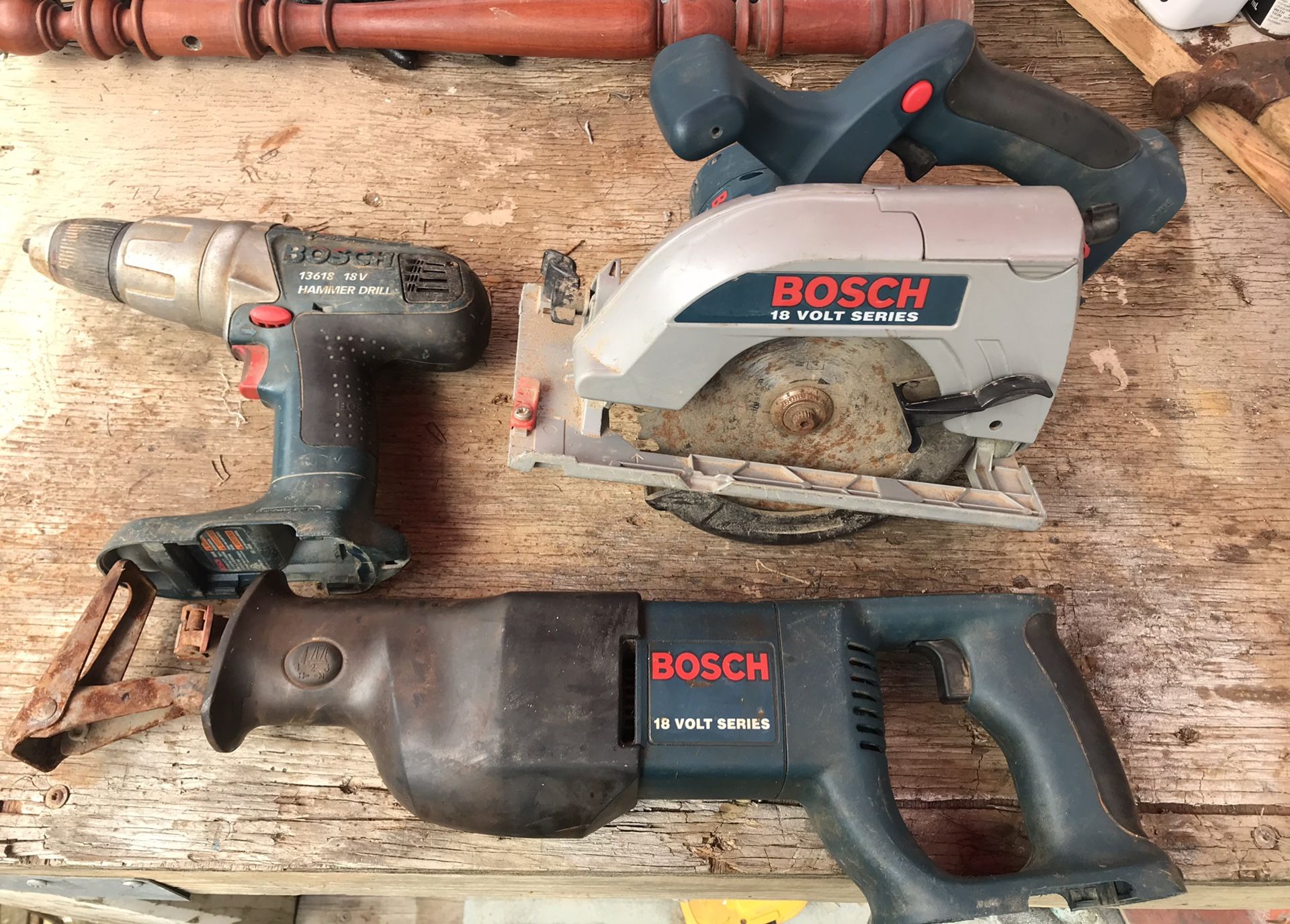 Bosch 18v Hammer Drill # 13618 6-1/4 Circular Saw # 1662 Reciprocating Saw # 1644-24 lot of 3 tools