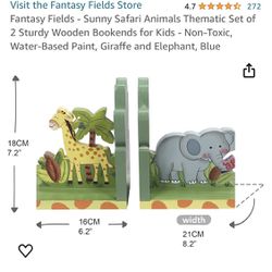 Fantasy Fields - Sunny Safari Animals Thematic Set of 2 Sturdy Wooden Bookends for Kids - Non-Toxic, Water-Based Paint, Giraffe and Elephant