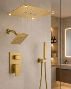 VANFOXLE Shower Faucet Set Brushed Gold 16 Inch LED Shower Head （Rough-in Valve Body and Trim）