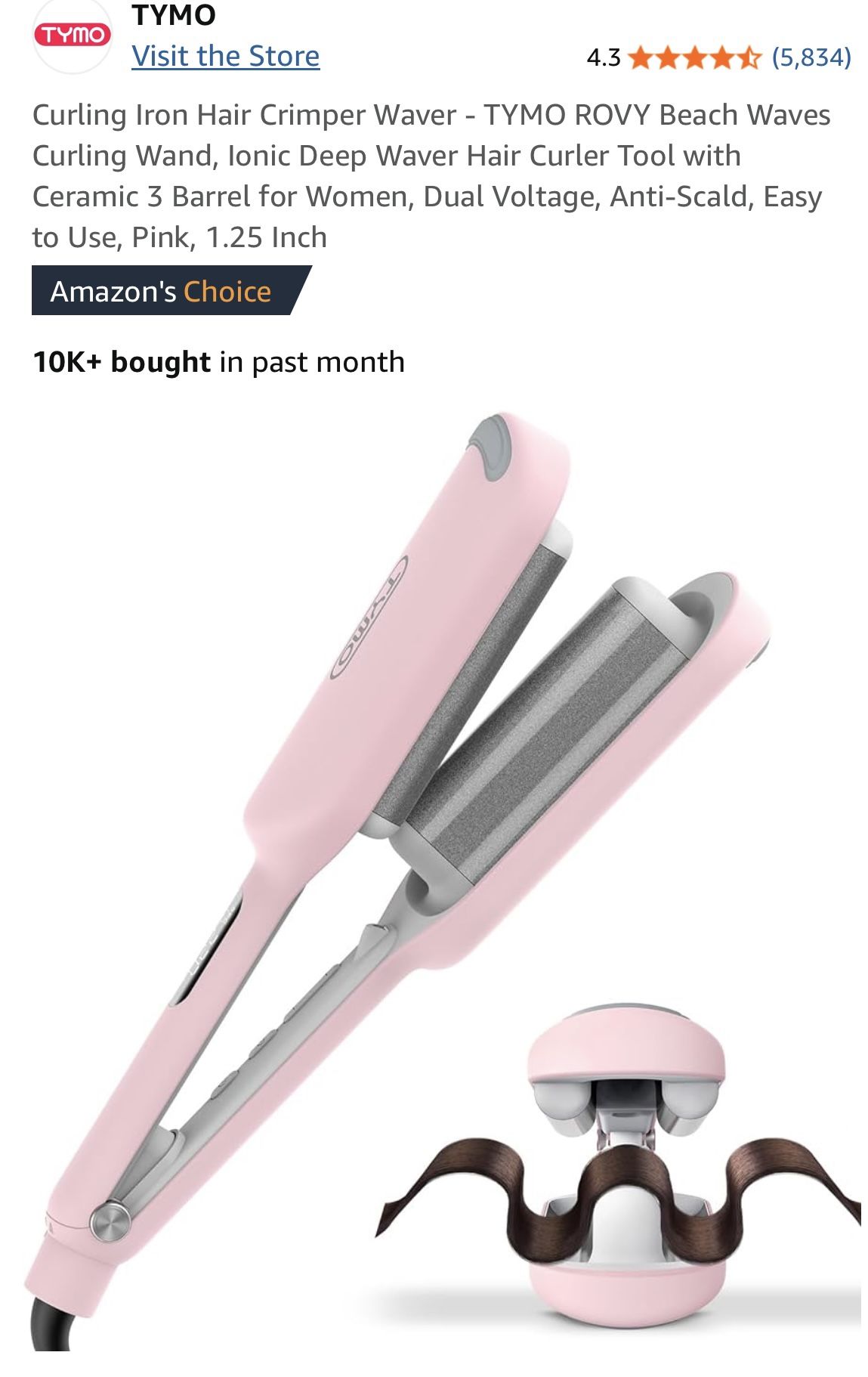 Curling Iron Hair Crimper Waver - TYMO ROVY Beach Waves Curling Wand, Ionic Deep Waver Hair Curler Tool with Ceramic 3 Barrel for Women, Dual Voltage,