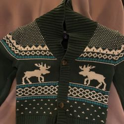 Green cardigan with moose pattern and button closure and pants Sweater size 4 pants size 3