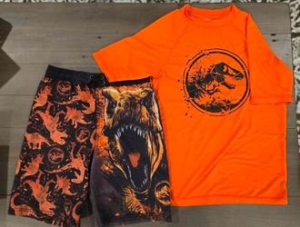 Boys SIZE 8 Jurassic Park, World rash guard and swim trunks set