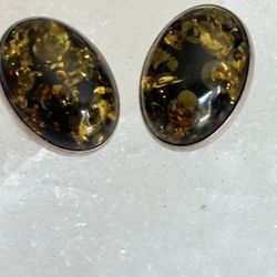 Silver 925 Amber Baltic Green Clipper Earrings 