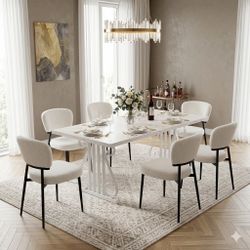 7 Piece- White Wood Dining Table With 6 Teddy Chairs