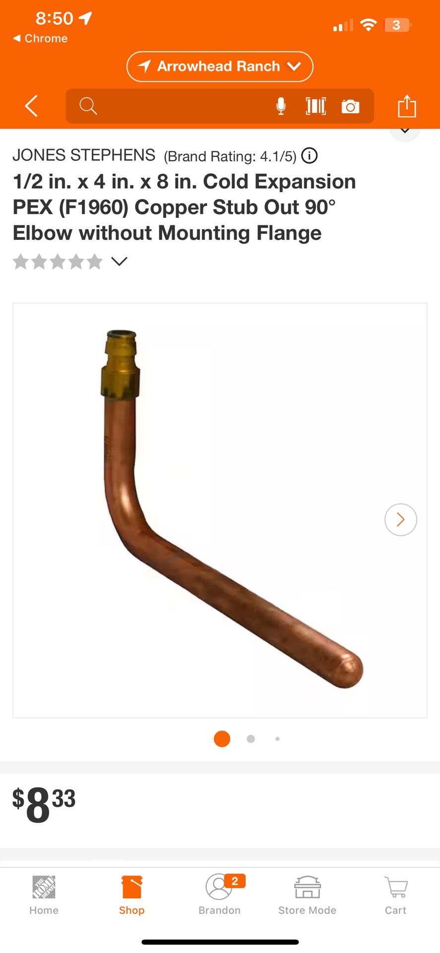 1/2 in. x 4 in. x 8 in. Cold Expansion PEX (F1960) Copper Stub Out