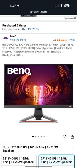 27” BenQ FHD IPS 165hz Gaming Monitor
