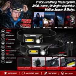 2pack rechargeable headlamps. 9 modes. motion sensor.  3000 lm