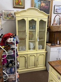 Vintage Yellow Bernhardt China Hutch Cabinet