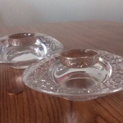 Orrefors Sweden Art Glass Pair Of Disc Shaped Candle Holders Votive Discus Danish Modern Mod Perfect Condition