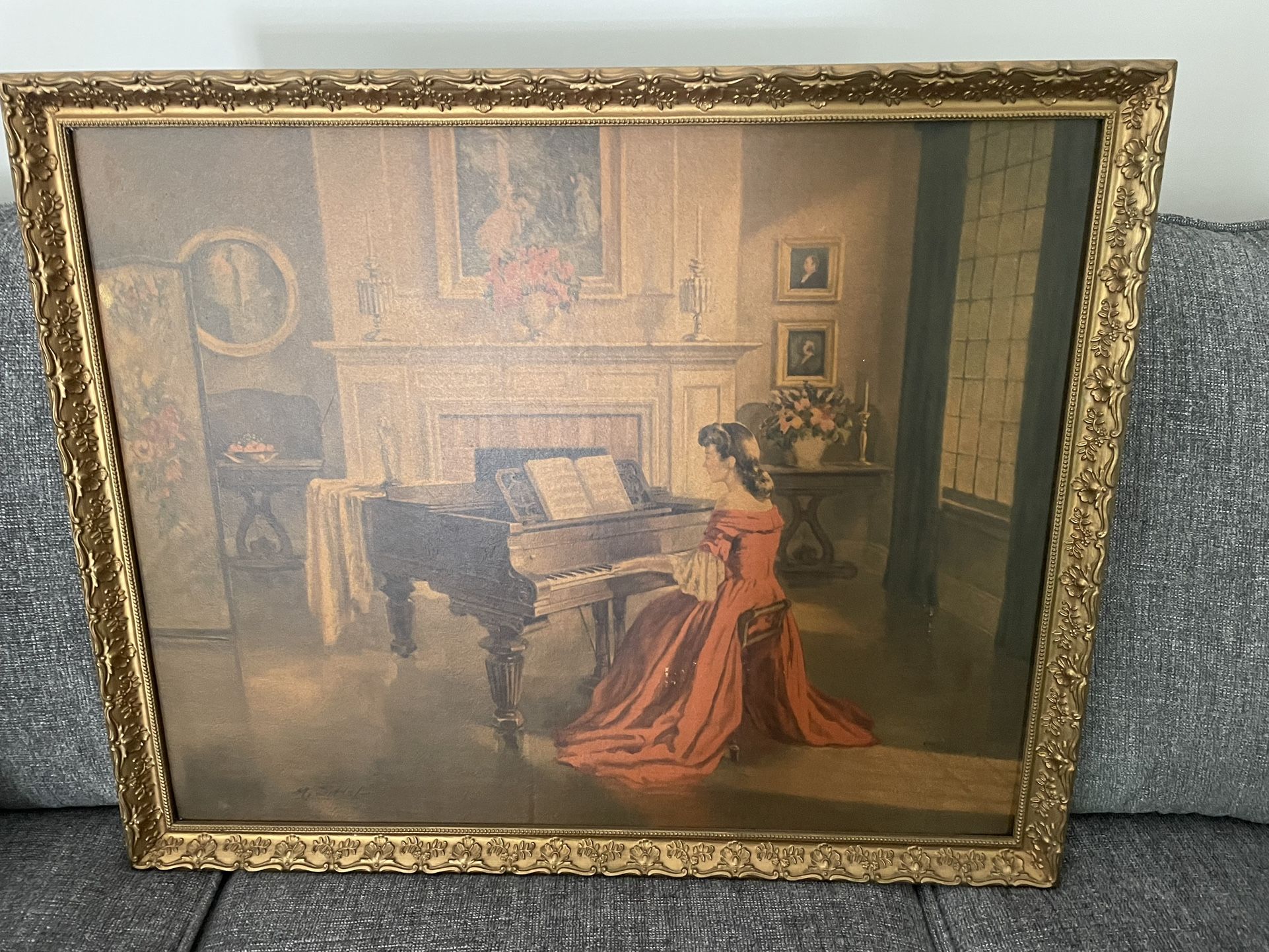 painting of woman in red dress playing piano Lady In Red | Graceful Elegance At The Piano