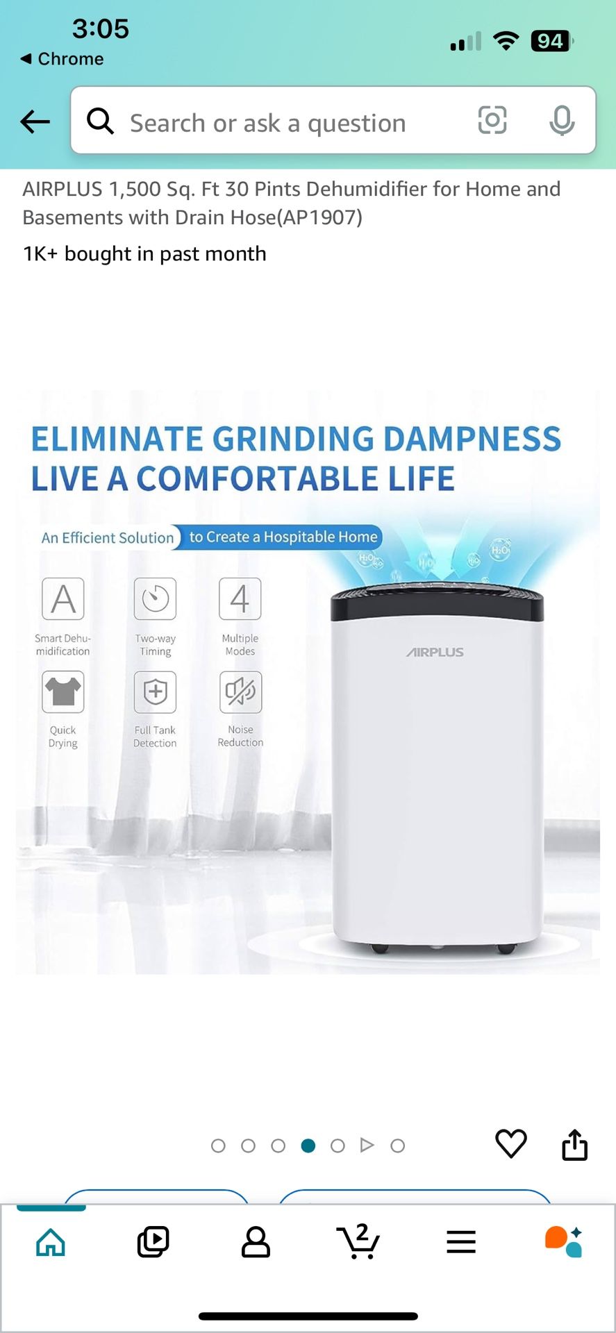 AIRPLUS 1,500 Sq. Ft 30 Pints Dehumidifier for Home and Basements with Drain Hose(AP1907)