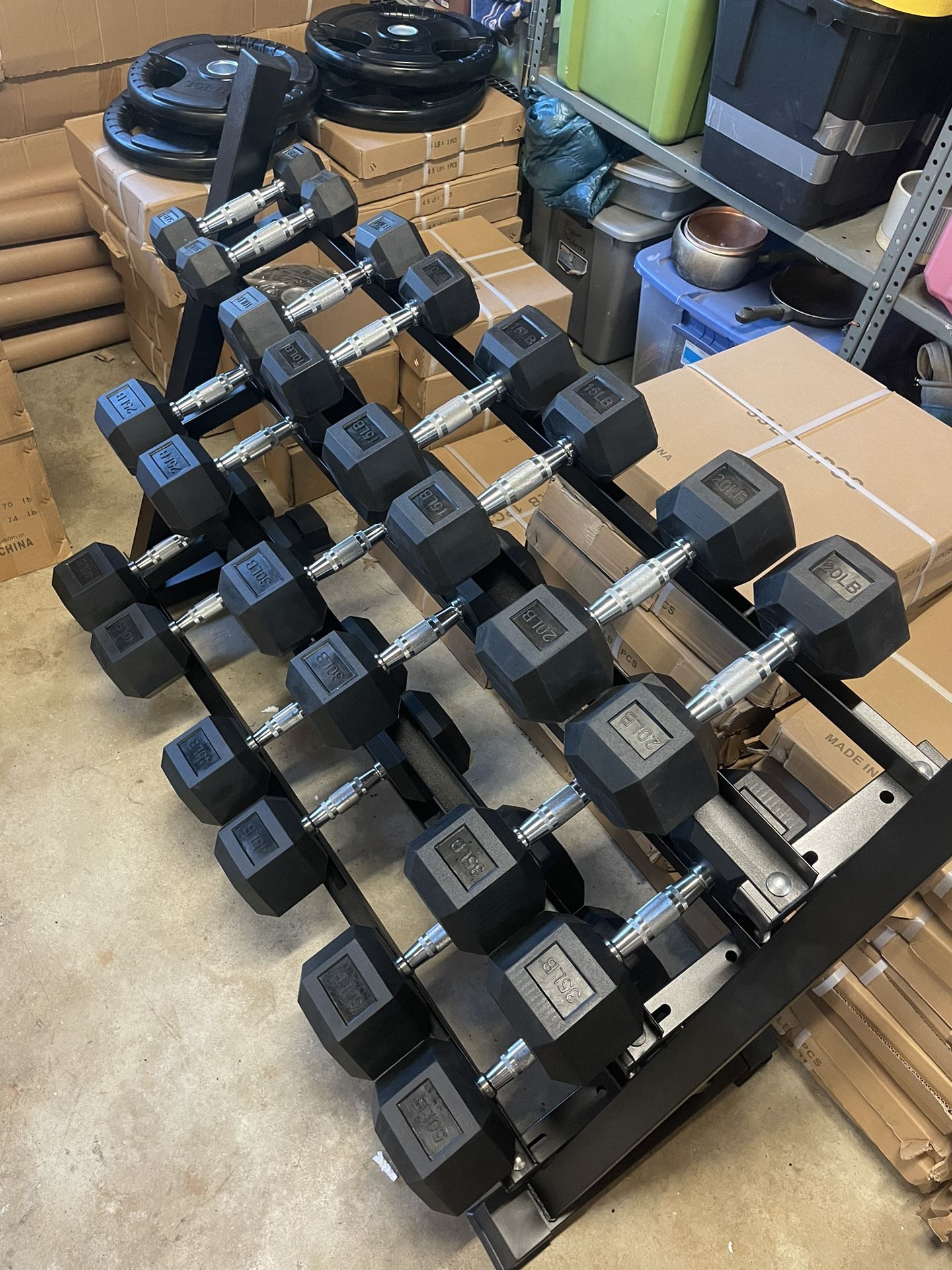 New 5-50 Rubber Hex Dumbbells With Rack