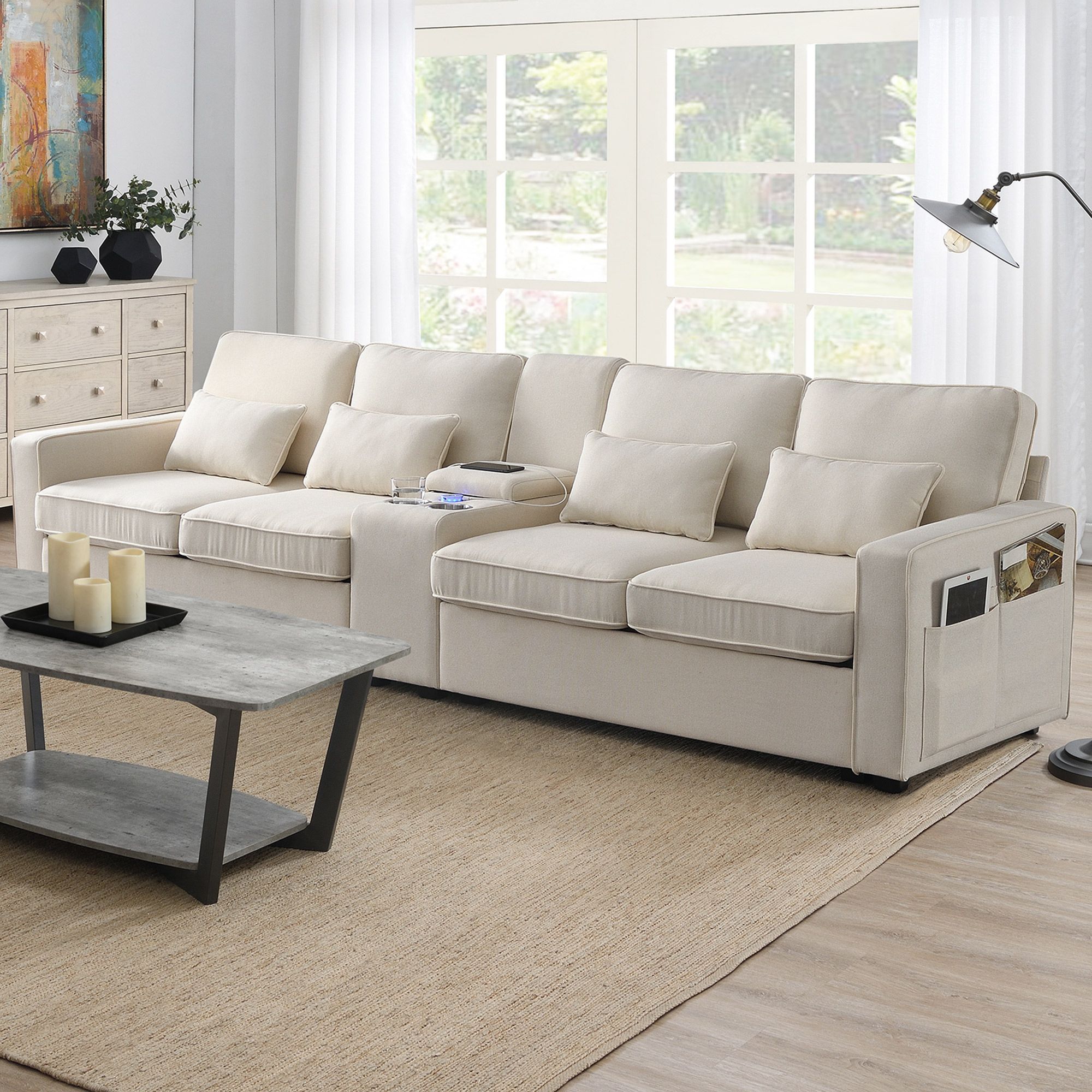 114.2 Upholstered Sofa with Console, 2 Cupholders and 2 USB Ports Wired or Wirelessly Charged, Modern Linen Fabric Couches with