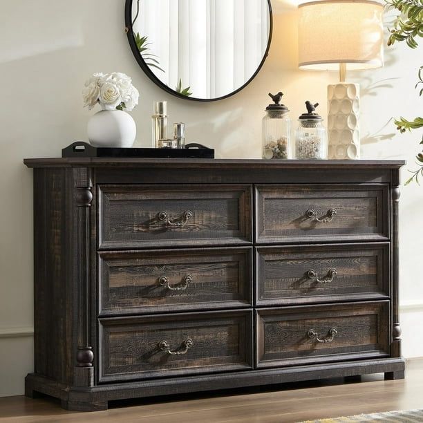 Drawer Dresser for Bedroom,Storage Dressers Organizer, Vintage Farmhouse 6 Drawer Dresser for Bedroom,Heavy Duty Rustic Chest of Drawers for Living Ro