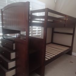 Solid Wood Twin Bunk Bed Frame Over Twin Bed w/ Side Storage Drawers