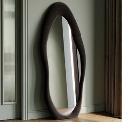 Honyee Full Length Mirror, 63" x 24" Wall Mirror, Flannel Wrapped Wooden Frame Floor Mirror, Irregular Wavy Mirror Hanging or Leaning Against Wall for