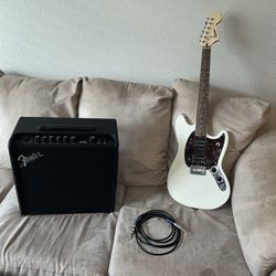 Fender Squier Bullet HH Mustang guitar & Fender Mustang LT50 Amp Bundle w/ Cable