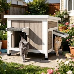 New PETSCOSSET Insulated Cat House, Outdoor Small Feral Cat Shelter for Winter w/ Escape Door, Grey