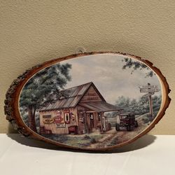 Vintage Print Titled "Mike's Garage" Artist Kay Lamb Shannon Oval Wood Slab