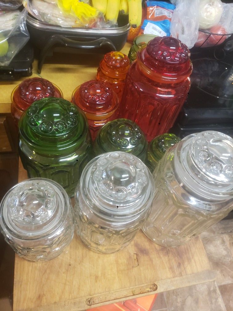 Red Clear Green Glass Collectable Canisters